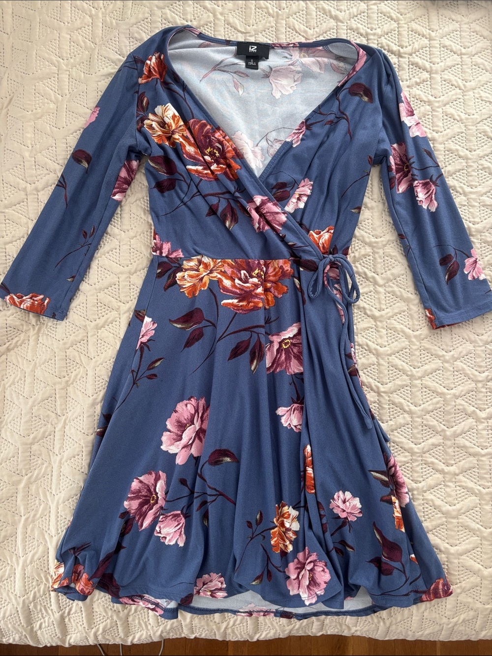 Blue Floral Wrap Dress with Pink & Orange Blooms